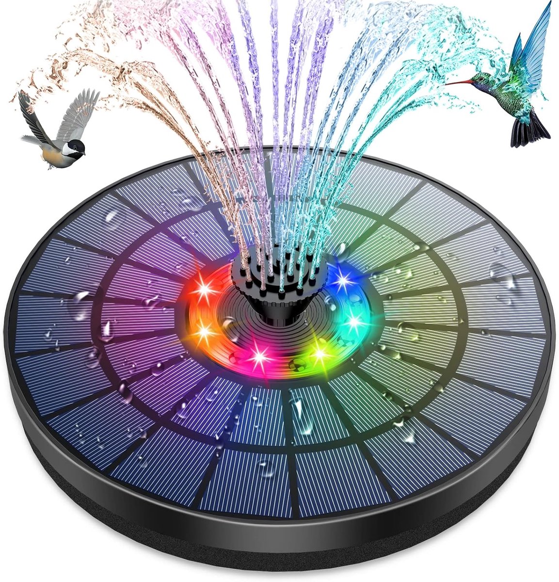 SnelShoppen - Led Solar Water Fountain 2024 - 5.5W Drijvende Zonnepomp met 7 Nozzles - Kleurige LED Verlichting voor Tuin, Vogelbad, Vijver en Patio