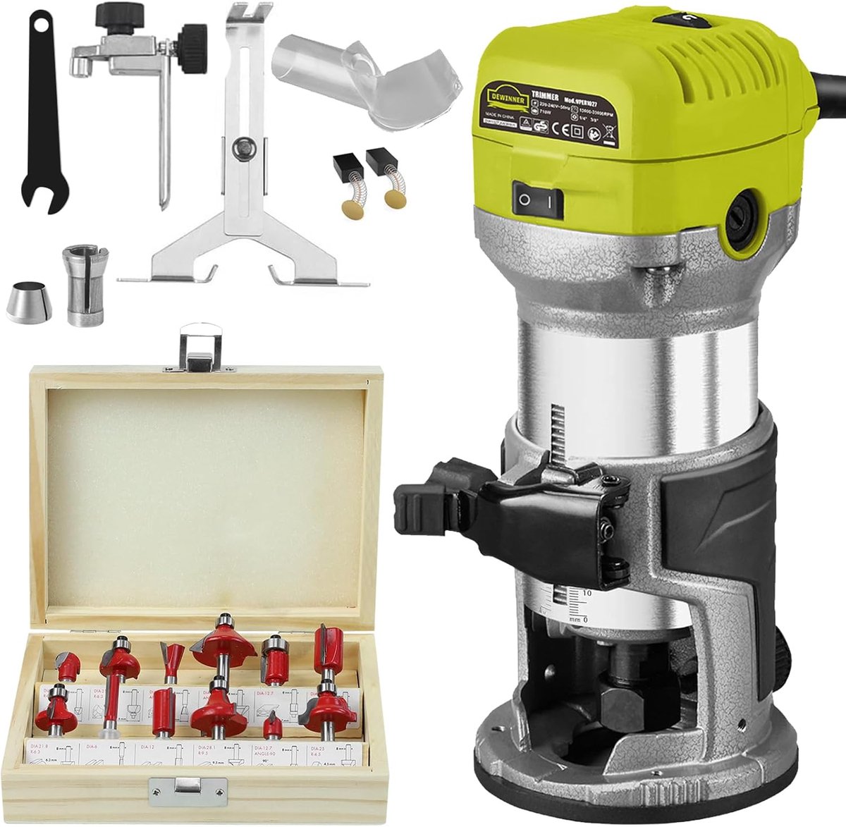SnelShoppen - Houten Freesmachine, Router Trimmer, Elektrische Frees 710W, 6 Snelheden, 3 Collets 1/4 Inch/6mm/8mm, 15 Freesbeitels, Precisie Houtbewe