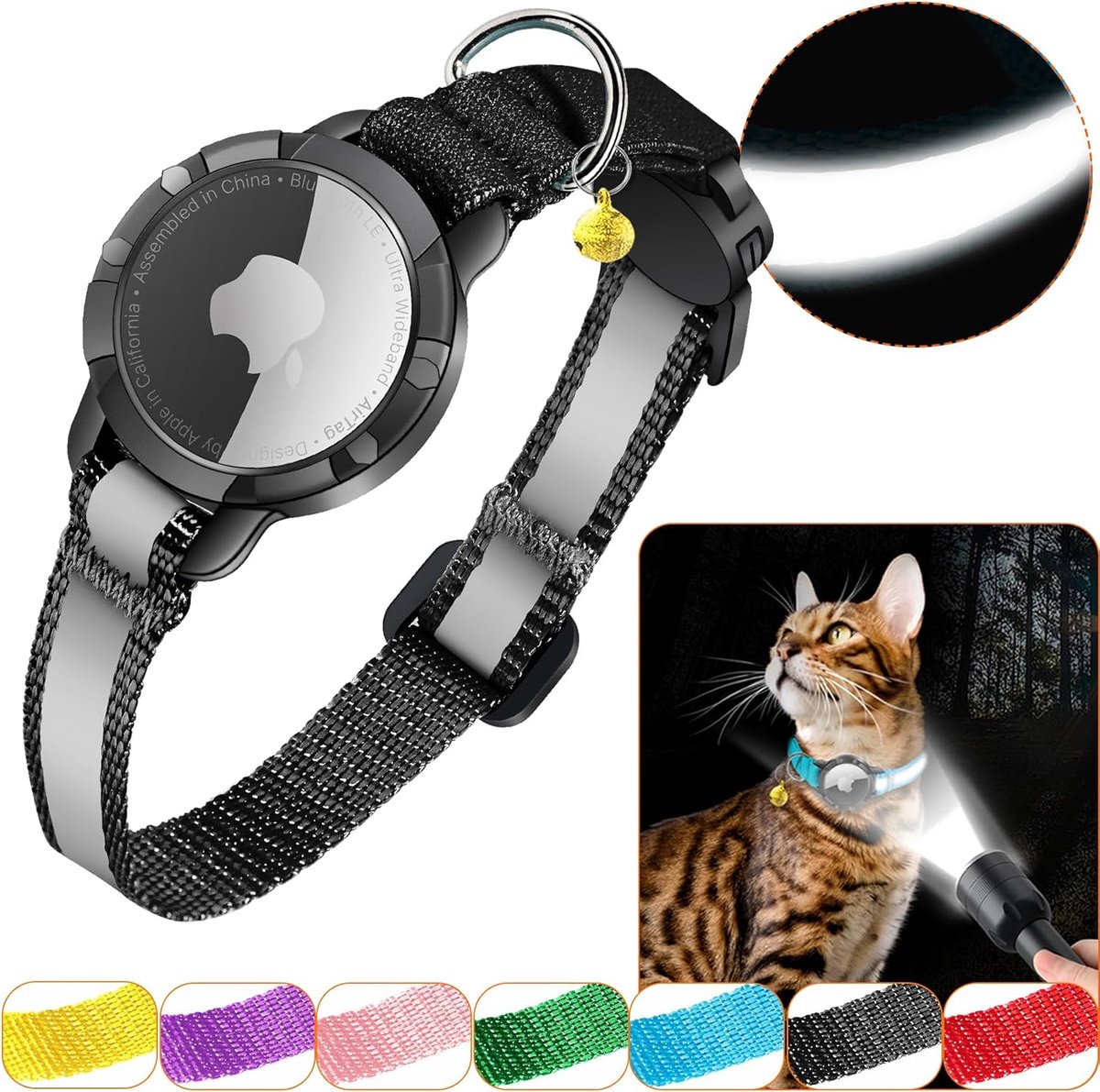 SnelShoppen - AirTag Kattenhalsband met Bel en Veiligheidssluiting - Waterdichte Reflecterende Kittenhalsband met Verwijderbare Bel - Geschikt voor Bi