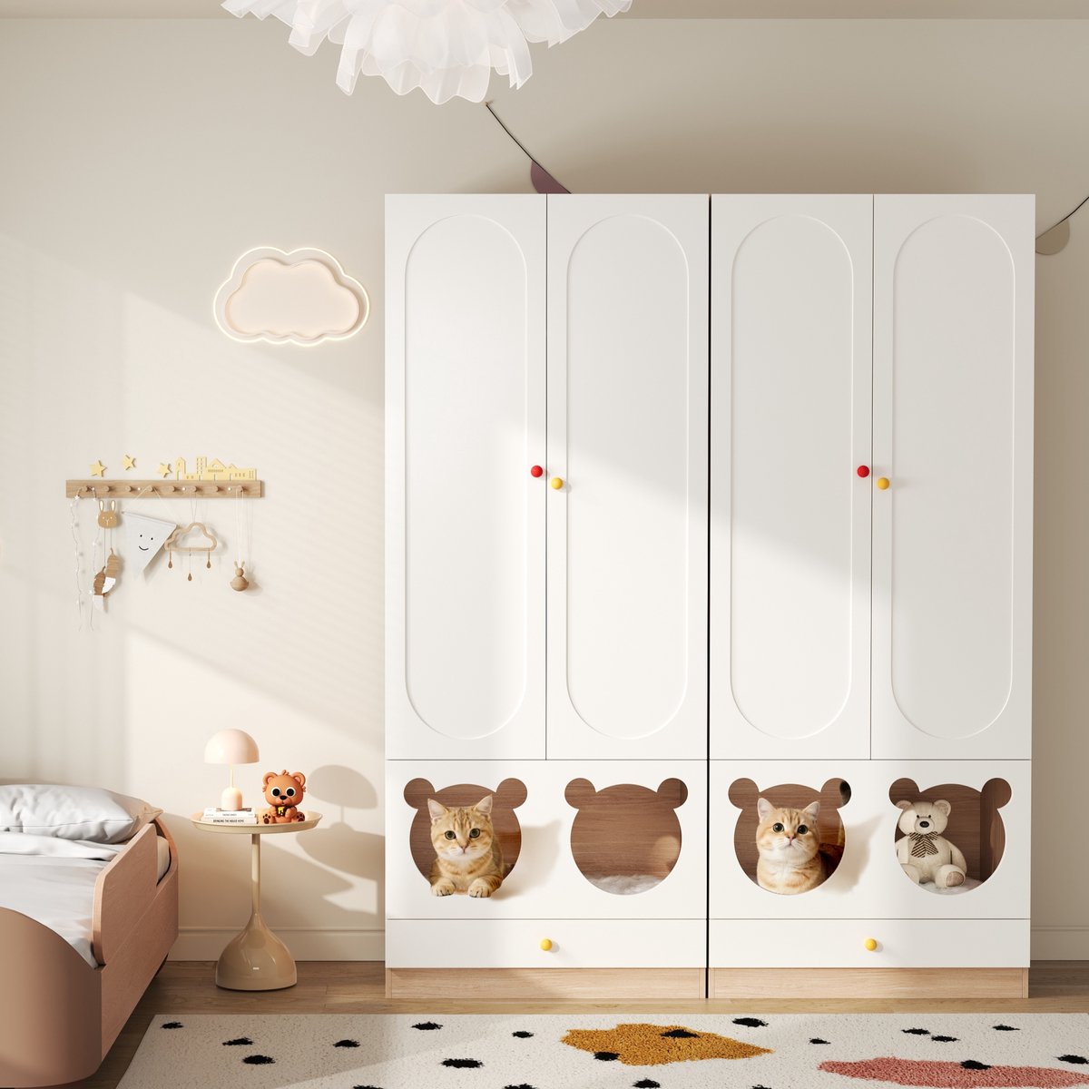 2-delig kinderkledingkast 160x50x200 cm - met hangstang - met kattenbed - gelakte platen + spaanplaat - keramische handgrepen - wit en naturel