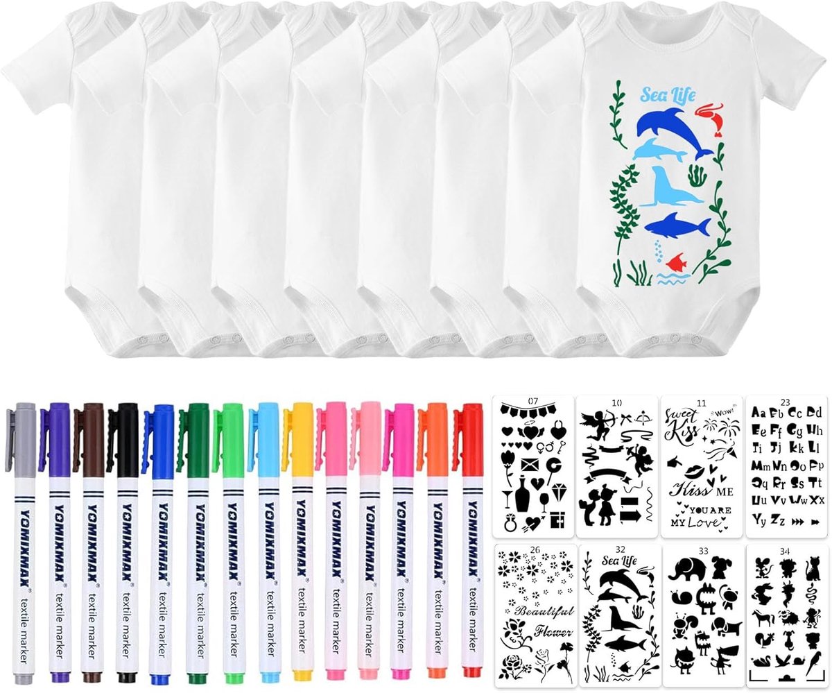 SnelShoppen - Set van 8 Beschilderbare Babybody's met Korte Mouwen + 14 Kleurrijke Textielstiften + 8 Sjablonen voor Babyshower, Spelletjes, Rompers,