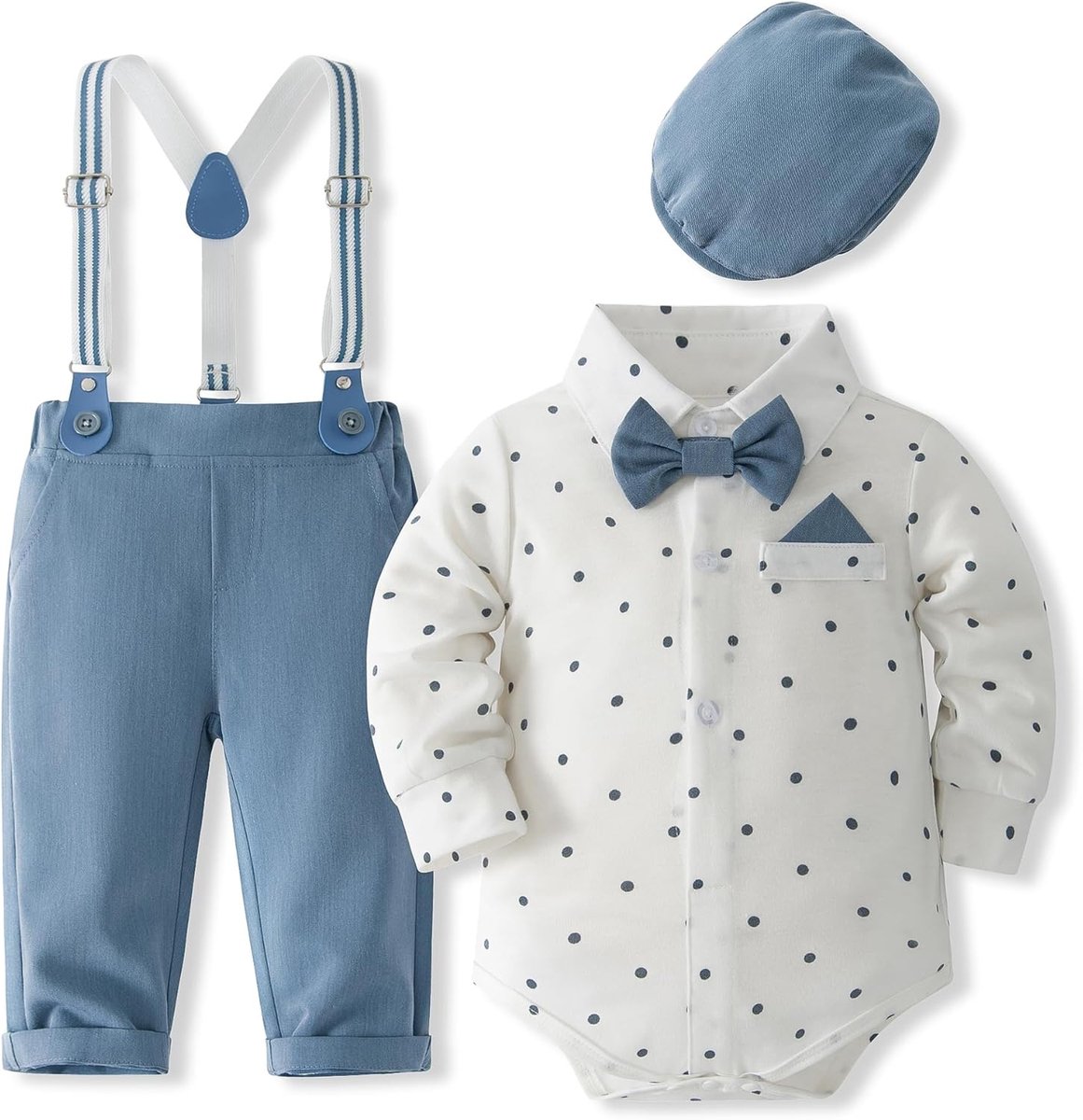 SnelShoppen - Formele Outfit Babyjongen Kleding Set Romper met Strik en Bretels Broek Hoed 6-18 maanden voor Bruiloft Verjaardagsfeestje