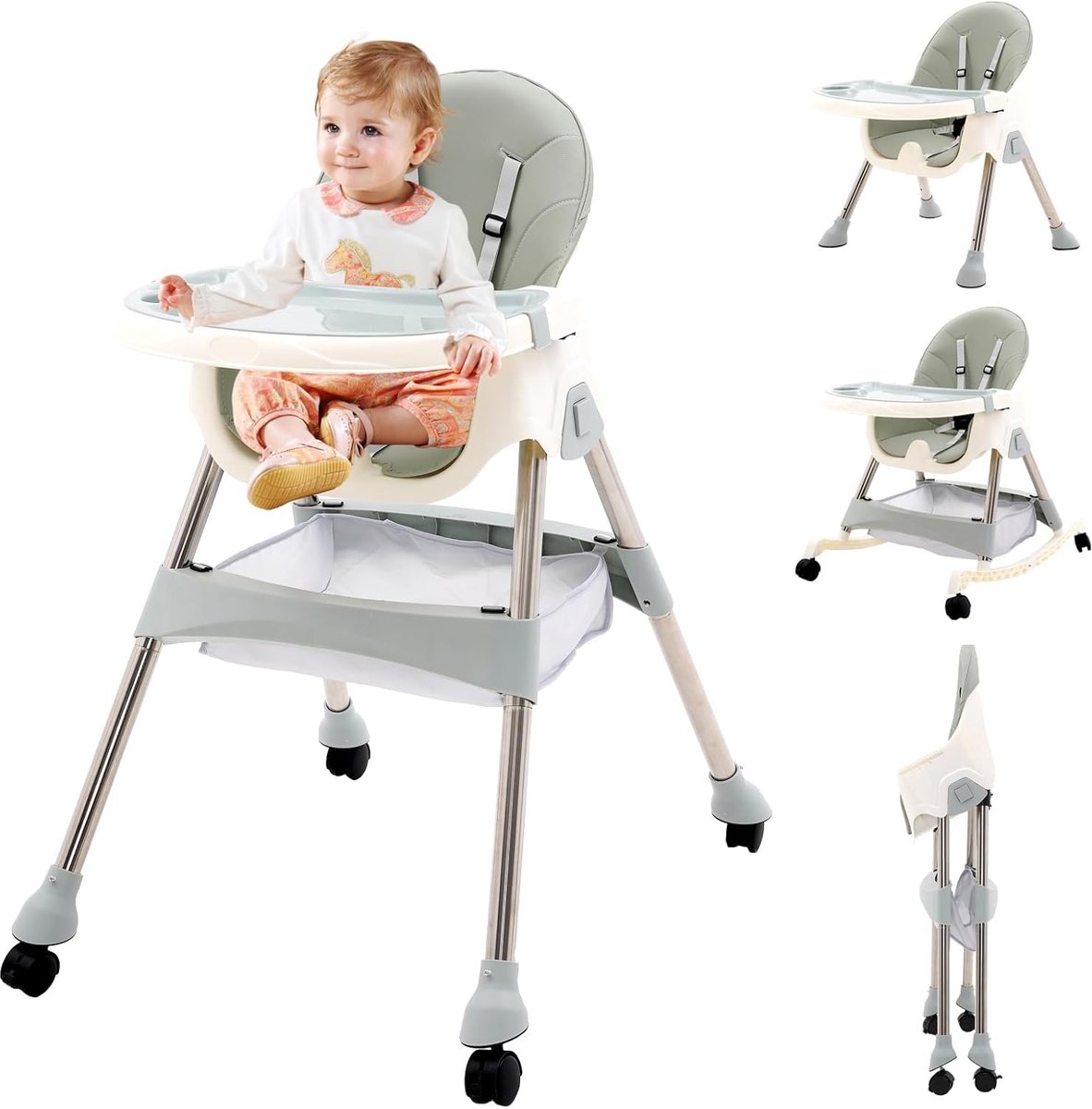 SnelShoppen - Kinderstoel 3-in-1 Wipstoeltje Verstelbaar Babyligstoel Peuterstoeltje Meegroeistoel met Afneembaar Dienblad 4 Wielen Groen Inklapbare E