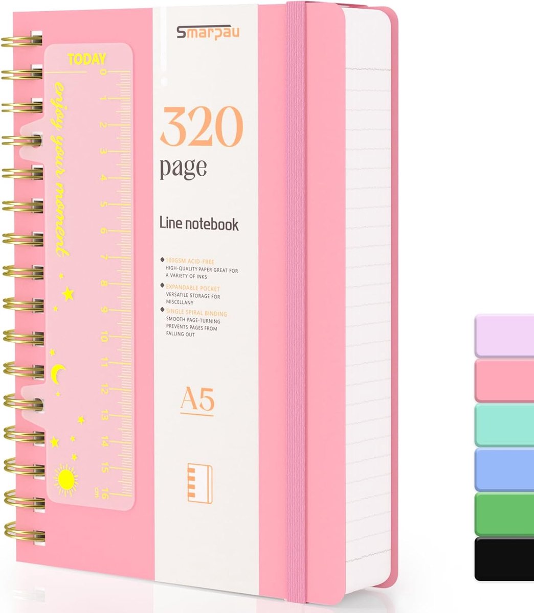 SnelShoppen - Notitieboek A5 Spiraal Gelinieerd Hardcover PVC 320 Pagina's 100 g/m² Notitieblok Ringband Voor Werk Kantoor School