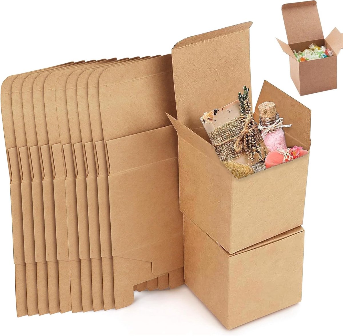 SnelShoppen - 25 Stuks Kraftpapier Geschenkdozen 10x10x10 cm - Vierkante Kartonnen Dozen met Deksel - Bruin voor Verjaardag, Feest en Cadeaus