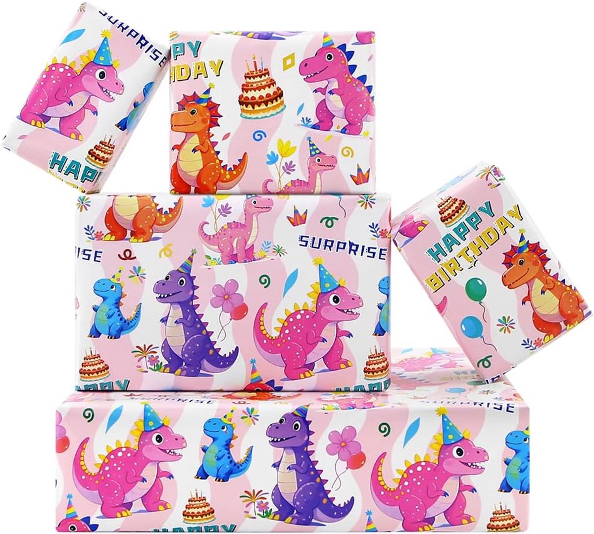 SnelShoppen - Happy Birthday Dinosaurus Inpakpapier - 6 Vellen Schattig Roze Cadeaupapier 50 x 71 cm - Perfect voor Verjaardagen, Feestjes, Kinderen,