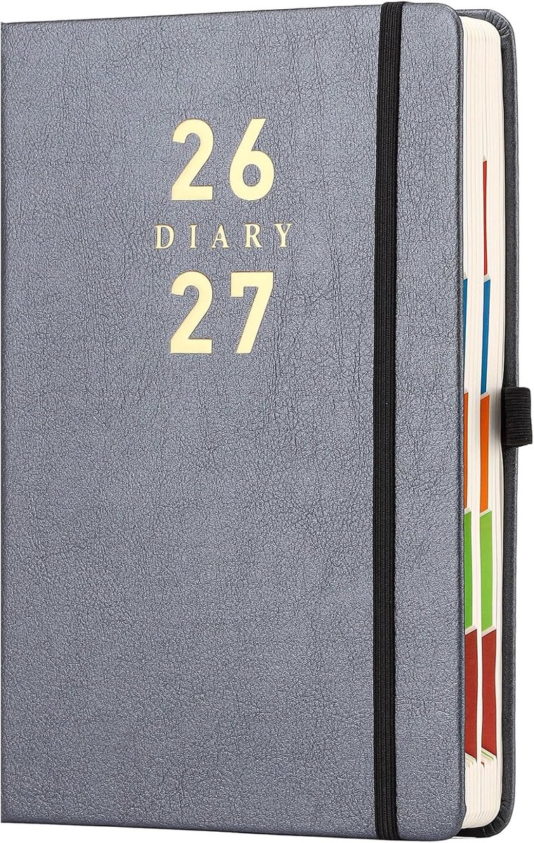 SnelShoppen - A5 Dagplanner 2026 2027 Agenda Pagina per Dag met Harde Kaft, Gekleurde Tabbladen, Penhouder en Binnenzak, 400 Ivoorkleurige Bladen, Org