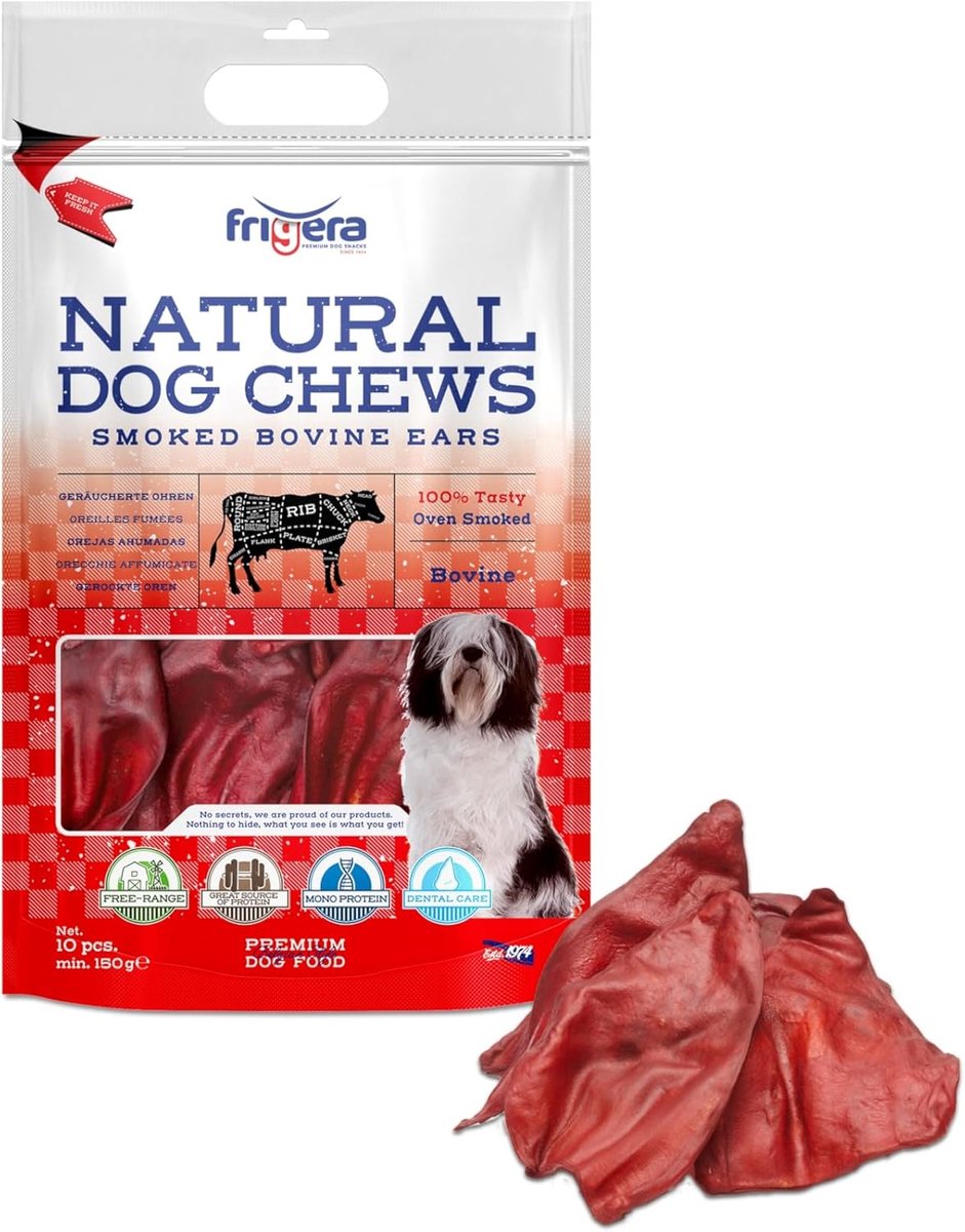 SnelShoppen - Gerookte Runderoren Hondensnacks 10st, 200g - Natuurlijke Eiwitrijke, Gluten- en Graanvrije Traktaties voor Honden