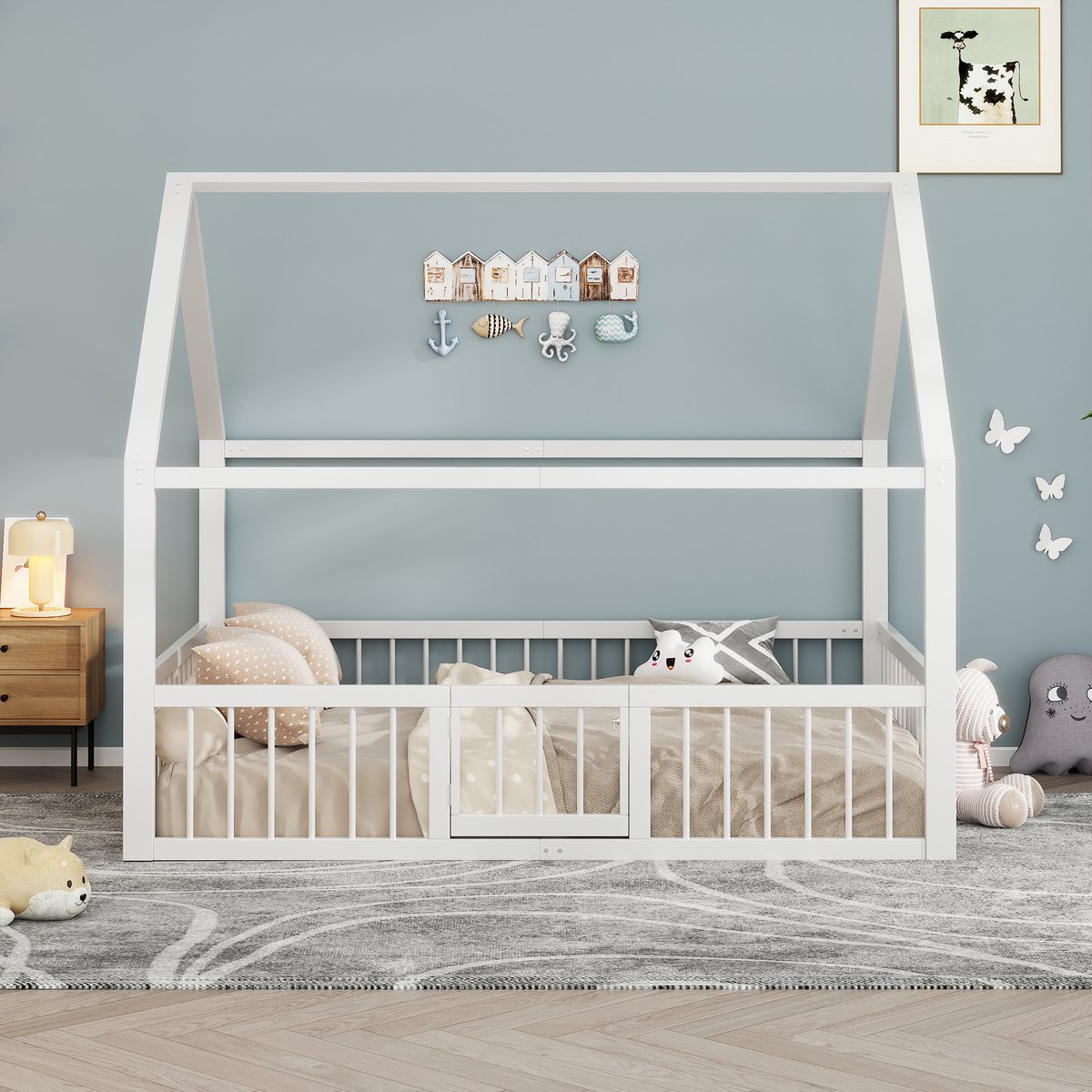 Metalen kinderbed met huisvormig dak en reling - 140x200 cm tweepersoons - Wit - Veiligheidsdeurtjes - Stabiel stalen frame - Max. 200 kg