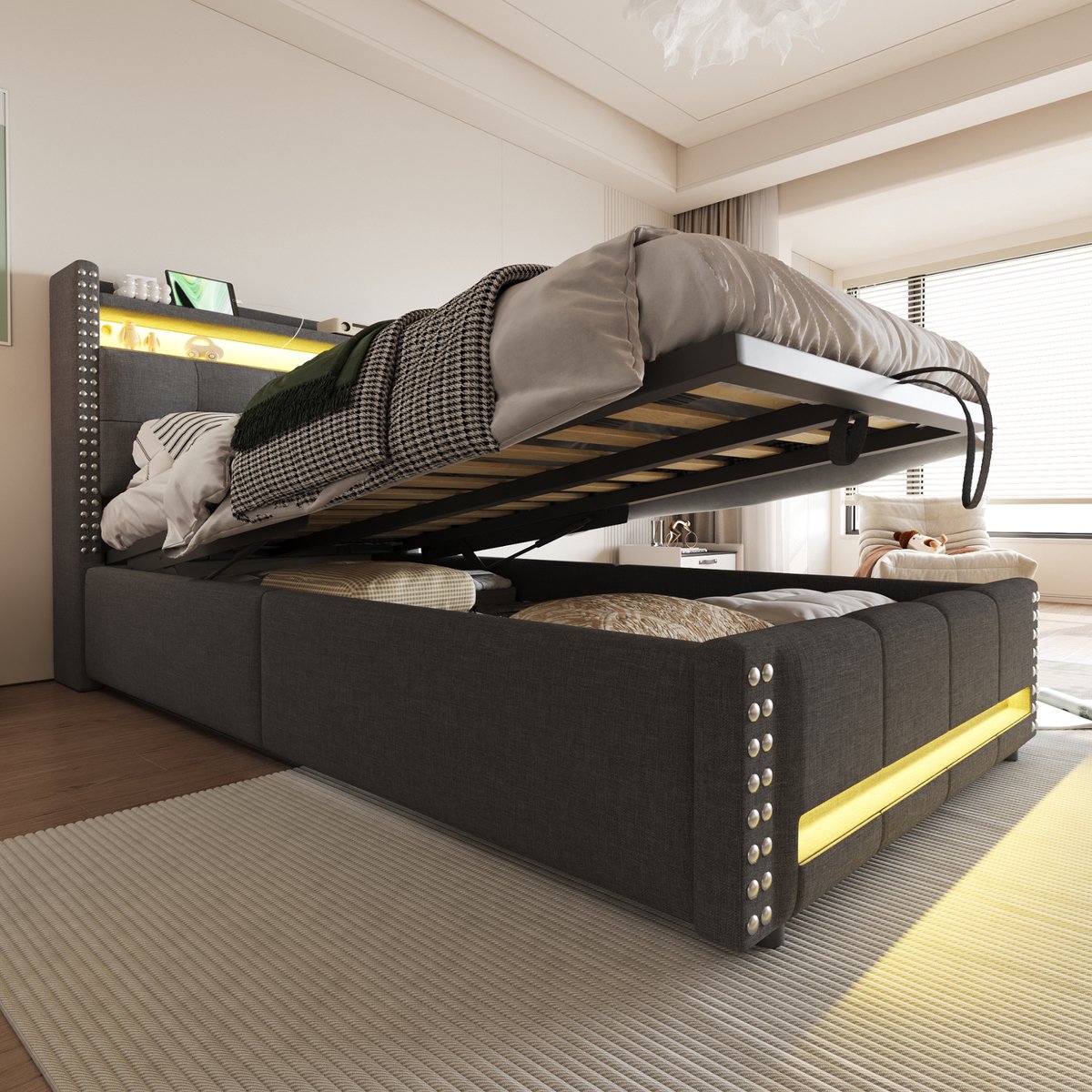 Gestoffeerd kinderbed - hydraulisch opbergbed met LED en USB - 90x200 cm - Grijs linnen - Hoofdeinde met legplanken en oplaadpoort - Kleurveranderlijke sfeerverlichting