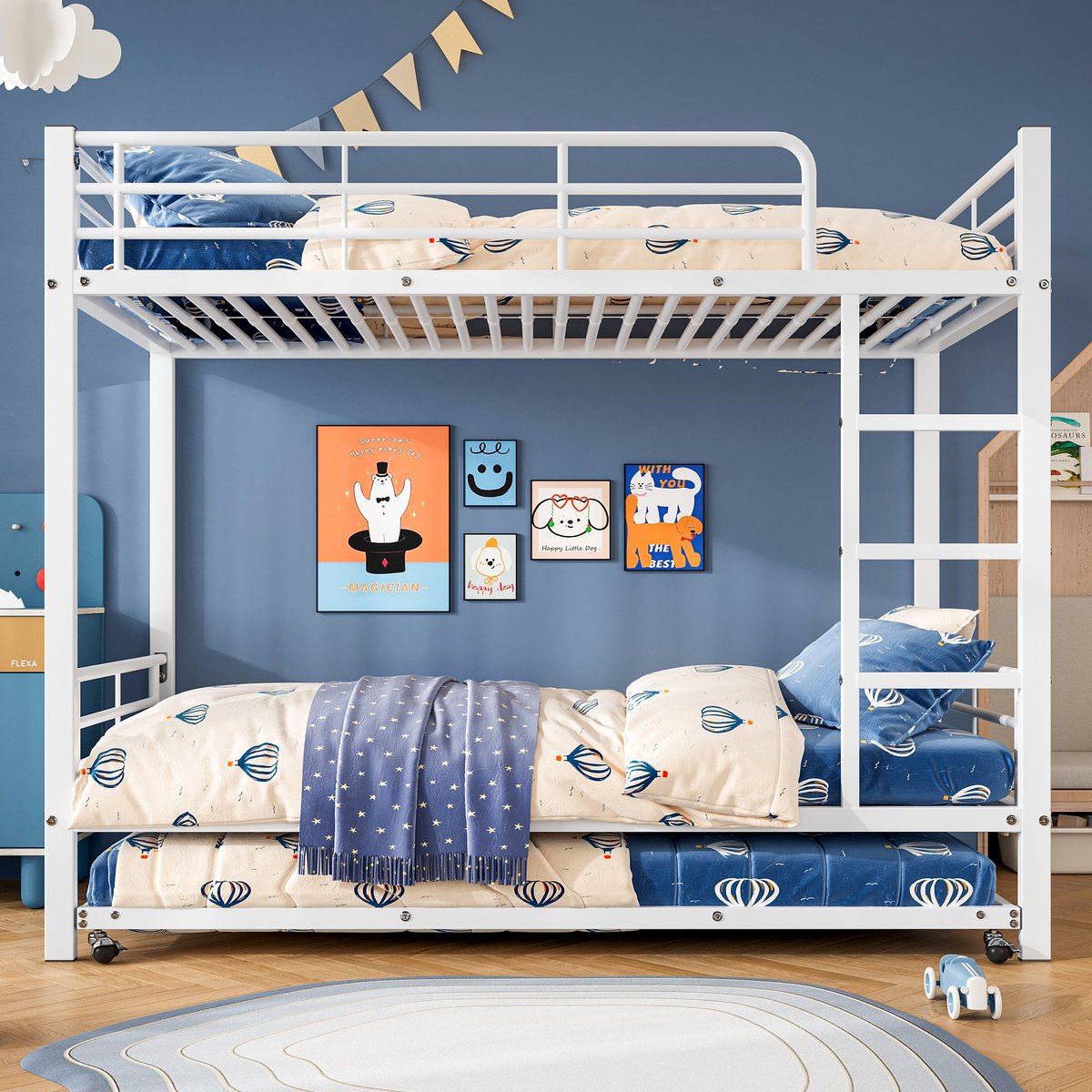 Metalen stapelbed met uitschuifbed - Geschikt voor kinderen en tieners - 90x200 cm (boven) & 90x190 cm (onder) - Wit - Vierzijdige veiligheidsrekken bovenbed - EN747-gecertificeerd - Stabiele ijzeren constructie