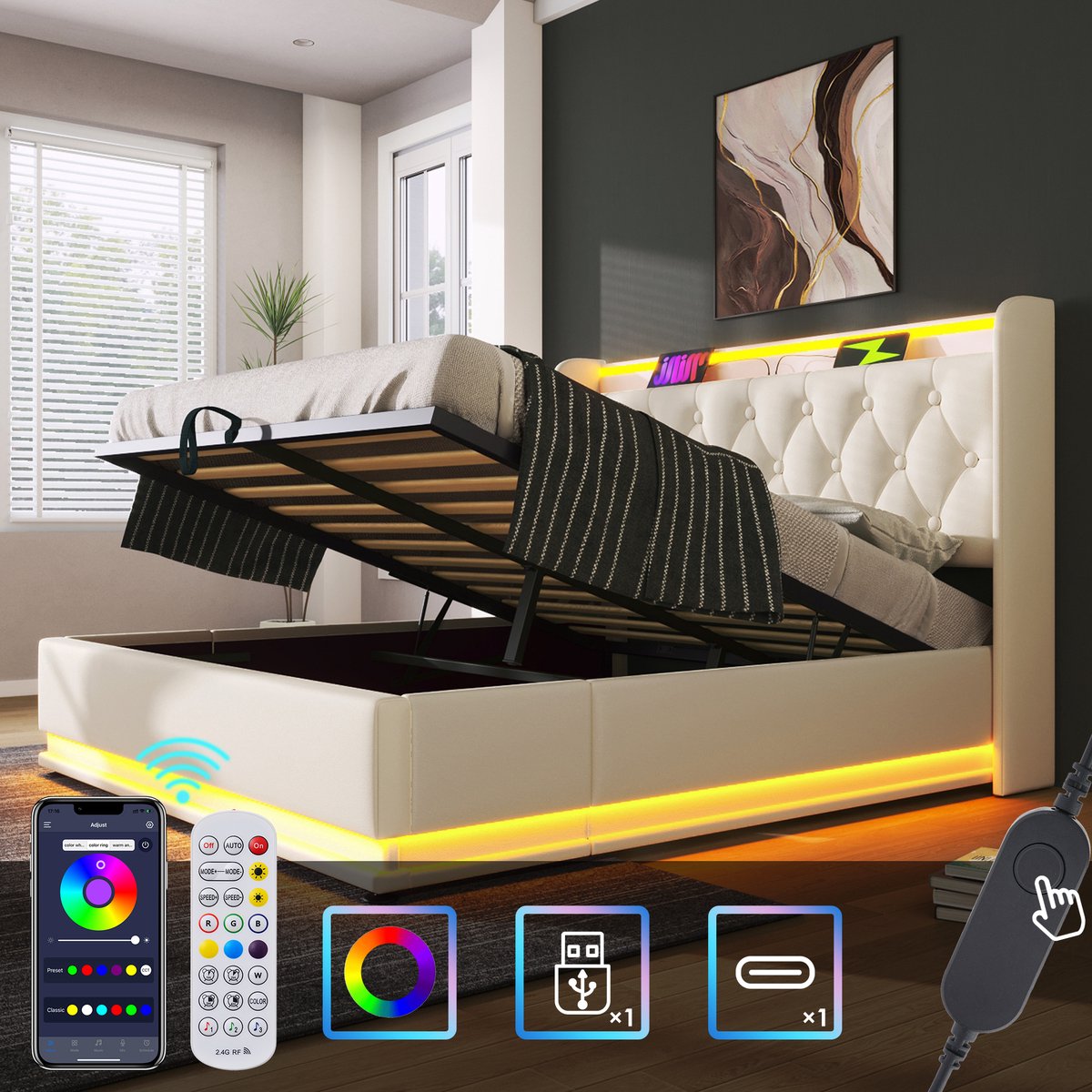 Gestoffeerd tweepersoonsbed - 360° LED-verlichting en USB-C - 180x200 cm - 2 personen - Wit - Hydraulische opbergruimte - App & afstandsbediening - Getuft hoofdeinde
