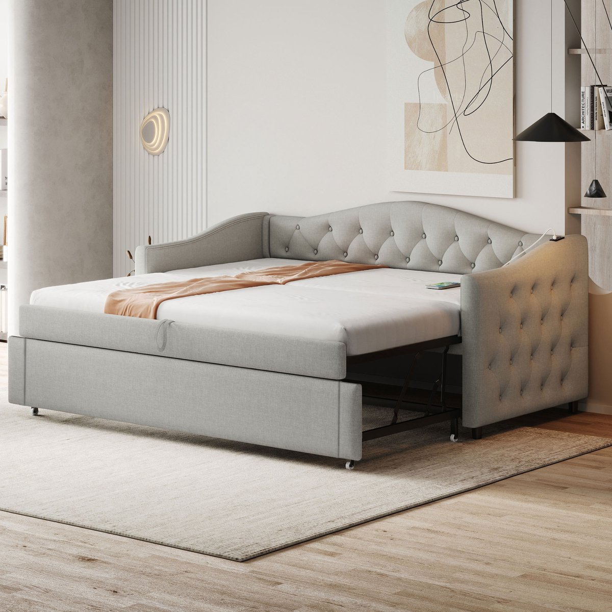 Gestoffeerde slaapbank met uitschuifbed, USB en Chesterfield knopen - ideaal voor logeerkamer - 90x200 cm hoofdbed en 90x190 uitschuifbed - grijs linnen - inclusief 24-delige lattenbodem