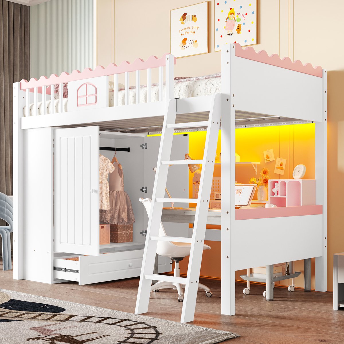 Houten kinderhoogslaper 90x200 cm - Met LED-verlichting, kledingkast en opberglade - 1 persoon - Wit - EN747 gecertificeerd - Massief grenenhout - Open ruimte onder bed voor bureau of speelhoek