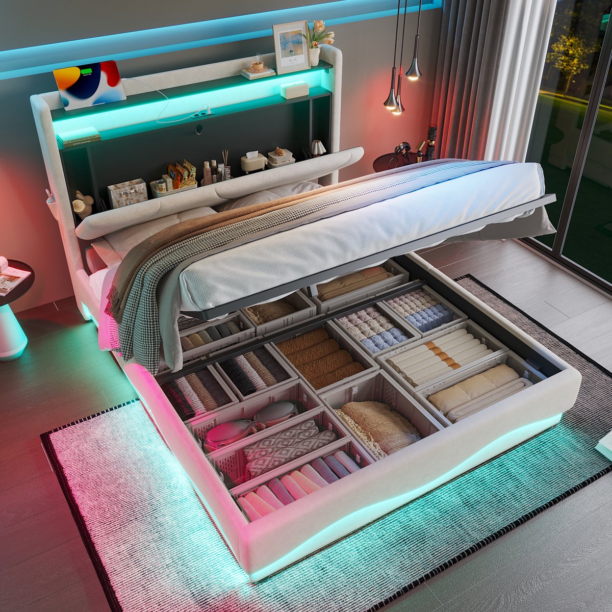 Gestoffeerd opbergbed met LED-zijverlichting en USB-C - tweepersoons 160x200 cm - beige - klapbaar hoofdeinde met opbergvak - tot 300 kg