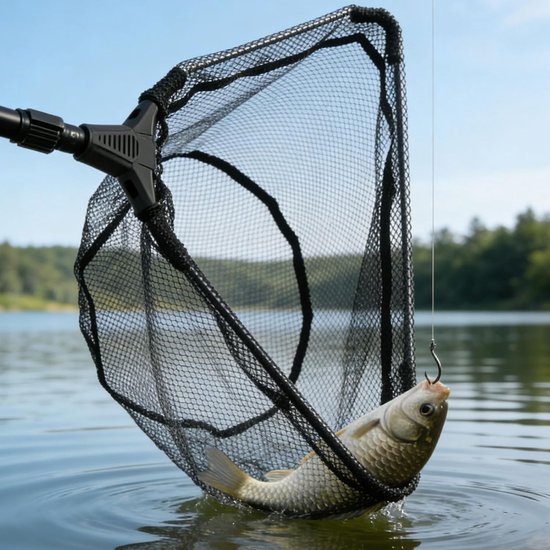 Schepnet Vissen - Inklapbaar Net - Vis Landing - Rubberen Visvriendelijk - 90 cm - Zwart — afbeelding 3
