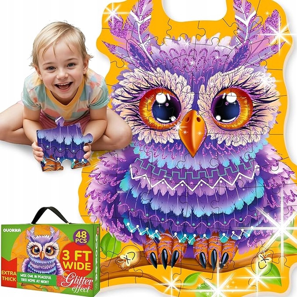 Grote Vloerpuzzel Uil met Glitter - 48 Stukjes - 60x90cm