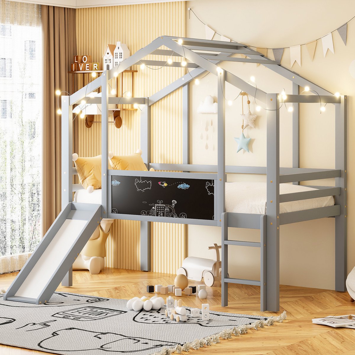 Kinder hoogslaper met glijbaan en krijtbord - dakontwerp met ramen - 90x200 cm eenpersoons - grijs - massief houten frame - veilige ladder en rondom hekwerk