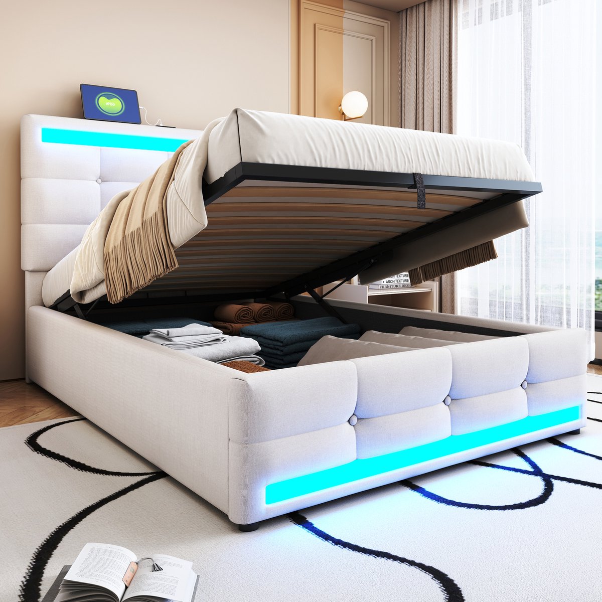 Gestoffeerd bed - met hydraulische opbergruimte - 90x200 cm eenpersoons - beige linnen - LED-sfeerverlichting en USB - verstelbaar hoofdeinde