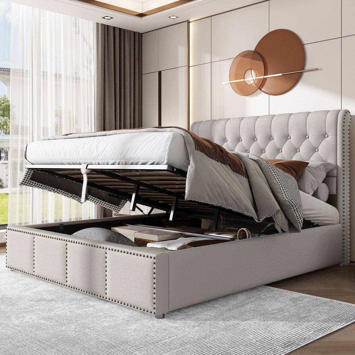 Gestoffeerd opbergbed - Hydraulisch hefmechanisme met klinknagel design - 140x190 cm - 2 personen - Naturel - Inclusief lattenbodem - Tot 300 kg