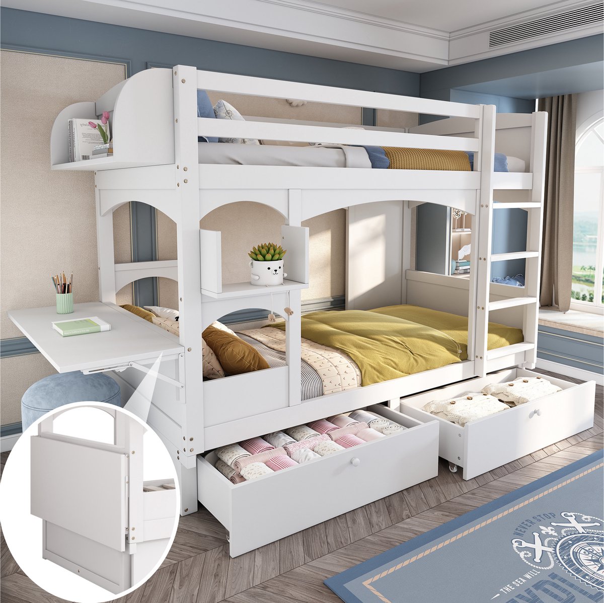 Kinderstapelbed 90x200 cm - Multifunctioneel met inklapbare studeertafel - Voor 2 kinderen - Wit - Inklapbare schrijftafel, 2 lades en opbergplanken - Massief houten frame en veiligheidshek