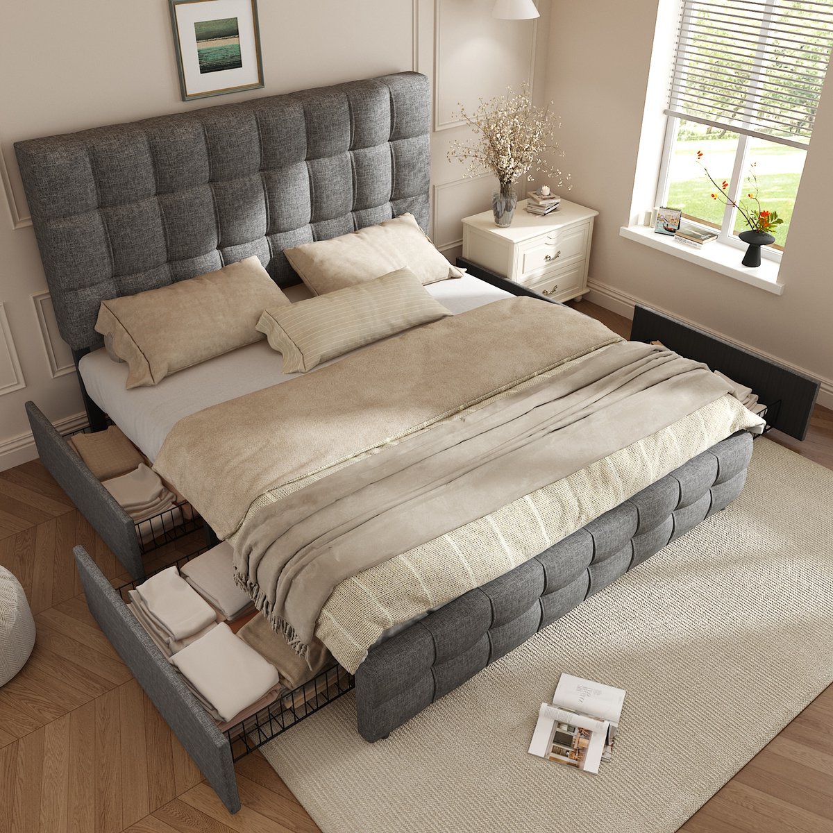 Gestoffeerd bed 140x200 cm - met 4 opberglades en verstelbaar hoofdbord - tweepersoons - grijs linnen - vierkant wafelstikdesign - stevige metalen lattenbodem