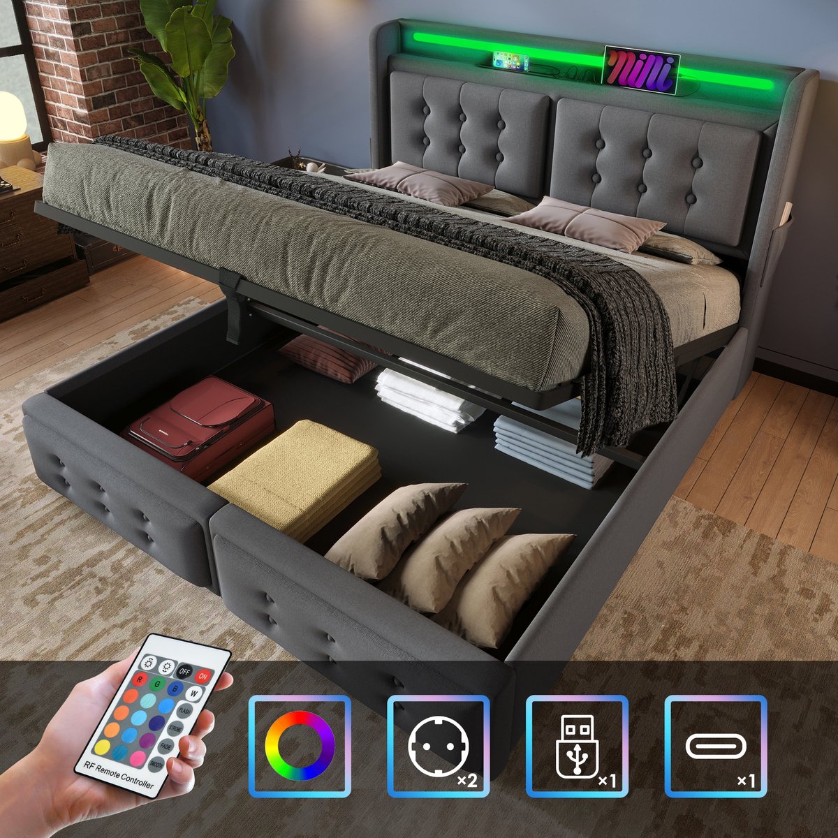 Gestoffeerd tweepersoonsbed 140x200 cm - Met hydraulische opbergruimte, LED-hoofdeinde en USB-C oplaadfunctie - Grijs - Inclusief stevige houten lattenbodem, draagkracht 300 kg