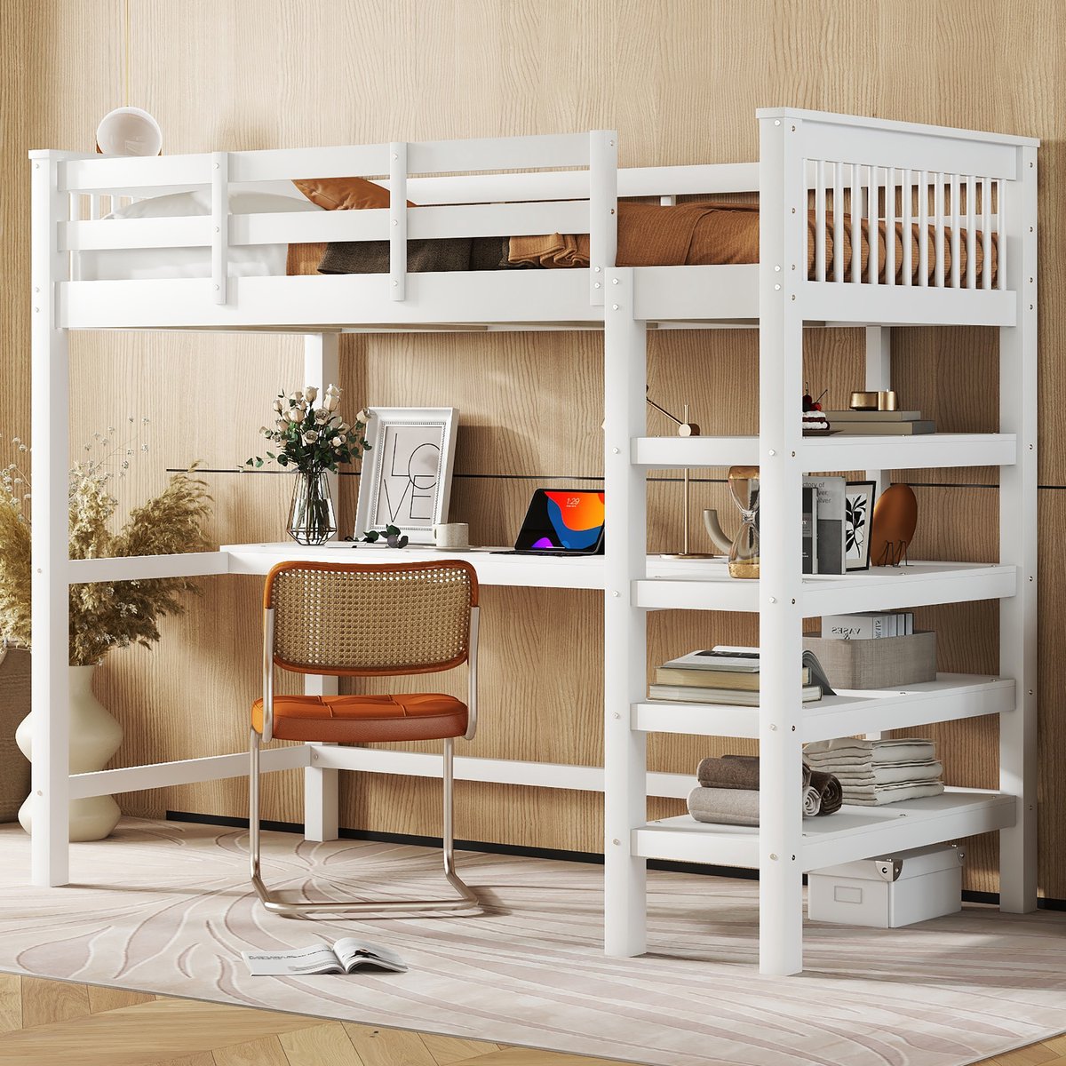 Hoogbed 90x200 cm - Met bureau en opbergplanken die als ladder dienen - Wit - EN747-gecertificeerd met veilige omheining - Robuust massief grenenhout en MDF - Geschikt voor compacte kinderkamers