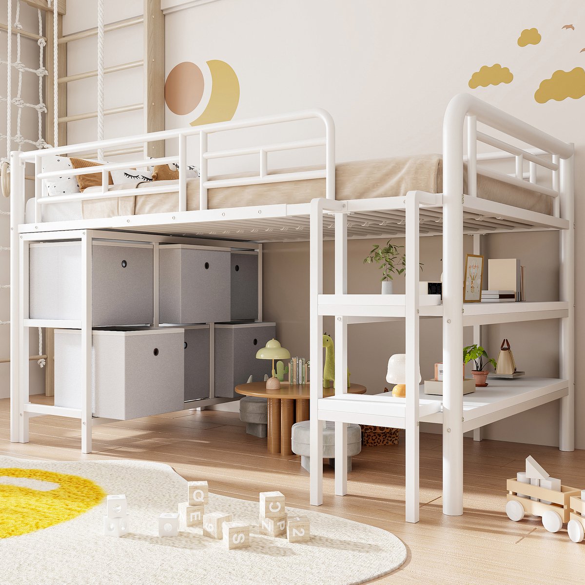 Kinder hoogslaper met brede trap en opberglades - 90x200 cm eenpersoons - Wit - Stabiel metalen frame met MDF - Lades en open planken - Afgeronde hoeken voor extra veiligheid