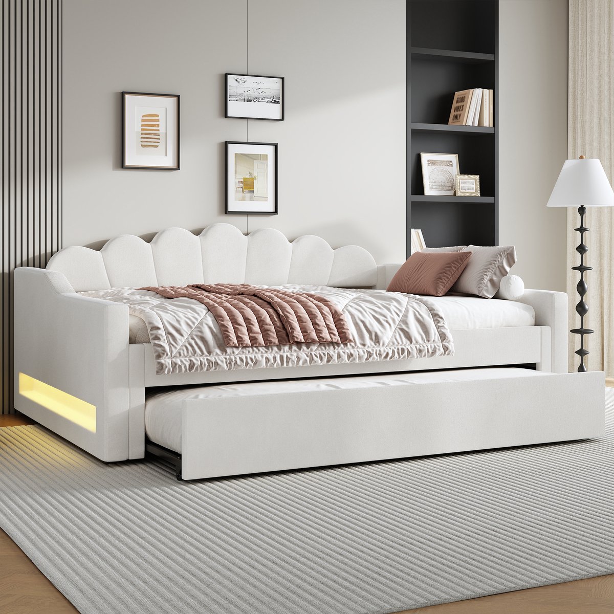 Gestoffeerd dagbed - met uitschuifbed en LED - 140x200 cm tweepersoons - beige - 7 kleuren sfeerverlichting - stevige lattenbodem - linnen bekleding