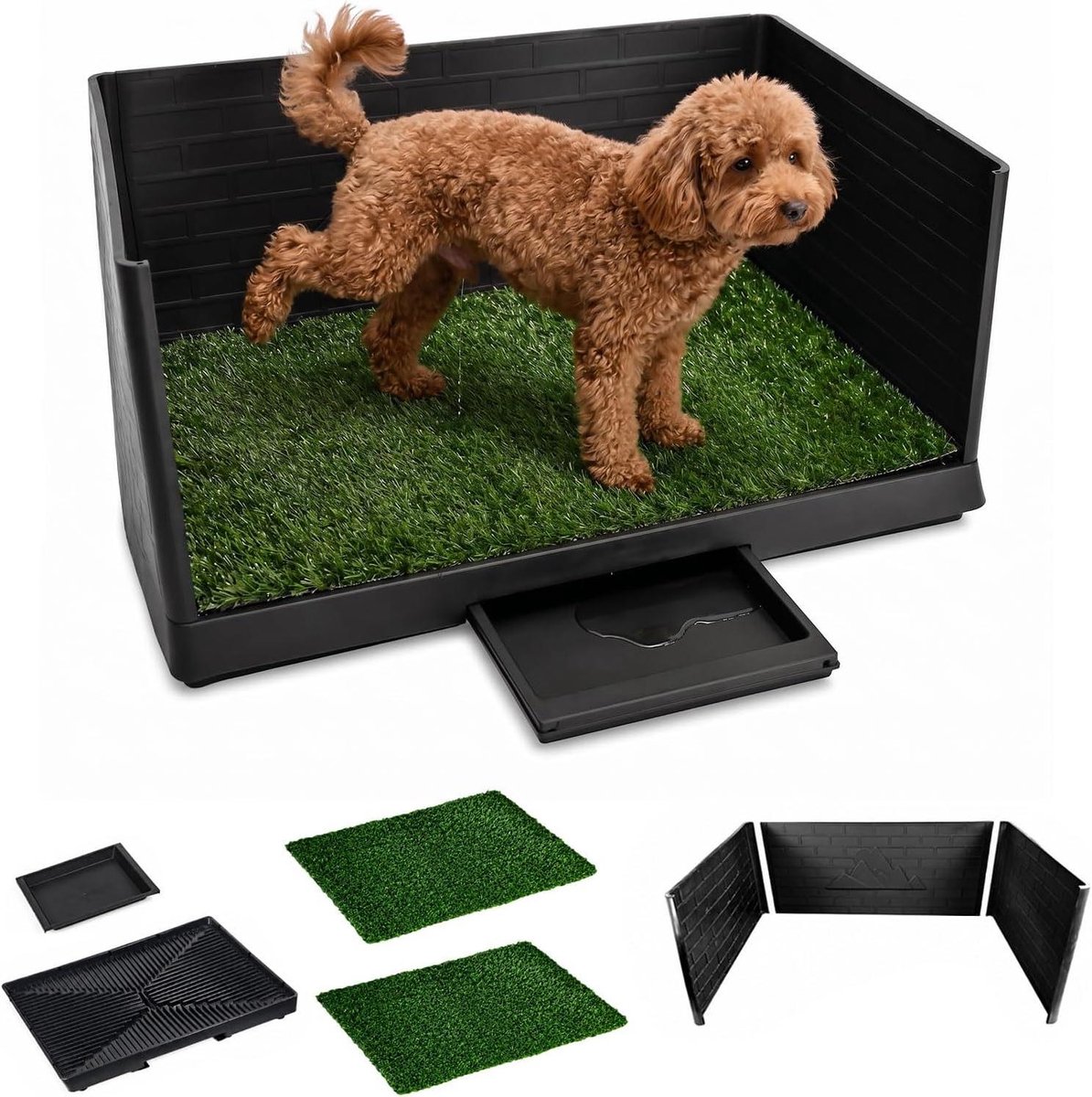 Hondentoilet Kunstgras - Puppyplasbak - Binnen Zindelijk Maken - Snelle Waterafvoer - 75 x 51 cm - Zwart