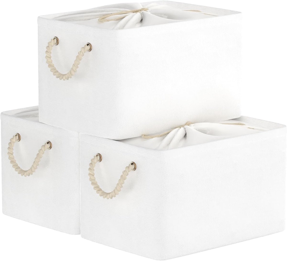3-Pack Opbergmanden van Stof, Vouwbare Opbergmanden met Koorddeksel en 2 Handvatten, Ideaal voor Kast en Plank, 33x23x20cm, Wit, Organisatie en Ruimtebesparing