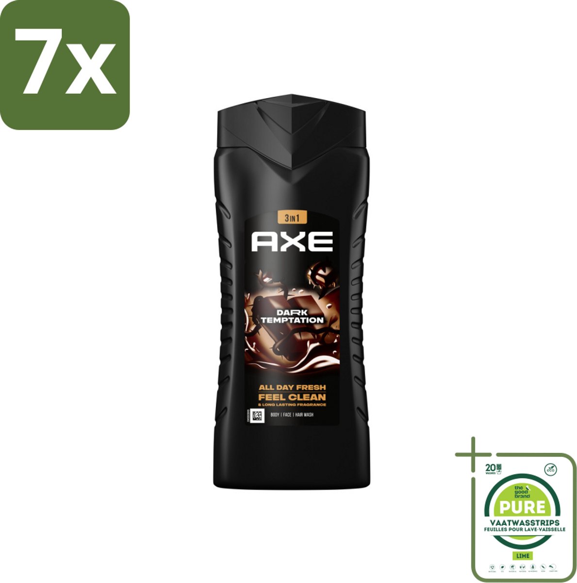 7 x Axe 3-in-1 Douchegel XL Dark Temptation 400 ml - Grootverpakking - Douchegel - AXE - Donkere Chocolade - Geur - 12 Uur