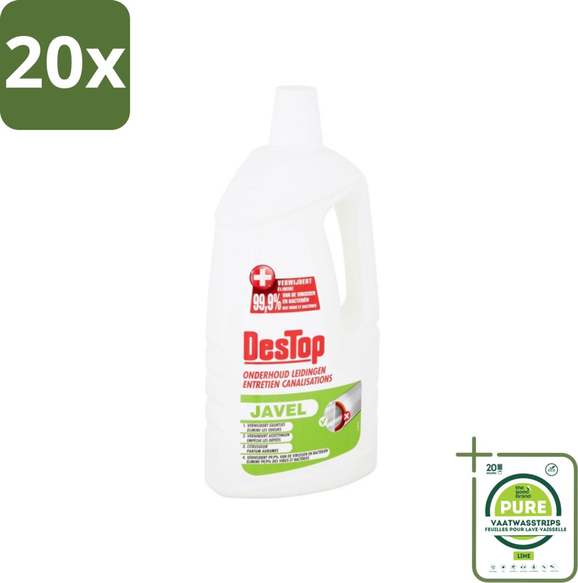 20 x DesTop - Onderhoud Leidingen - Javel - 4-in-1 Werking - Citroengeur - 1,5L - Grootverpakking - Riolering Schoonmaken - Leidingen Reinigen - Geur Neutraliseren - Afvoer Ontstoppen - Javel