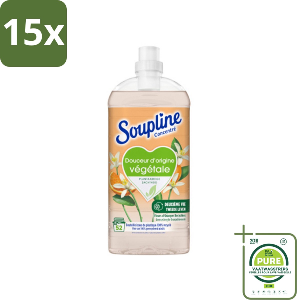 15 x Soupline - Wasverzachter - Oranjebloesem - 52 Wasbeurten - 1.3L - Grootverpakking - Wasverzachter - Plantaardige Wasverzachter - Wasverzachter Oranjebloesem - Zachte Was - Wasverzachter Biologisch