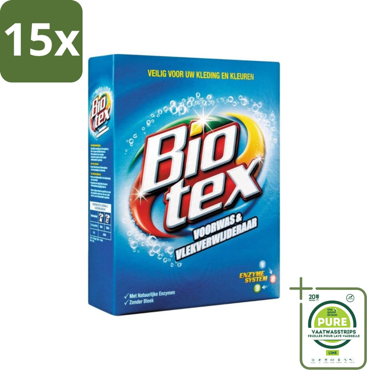 15 x Biotex - Voorwas & Waskrachtversterker - Waspoeder - Witte en Gekleurde Was - 80 Wasbeurten - Grootverpakking - Waspoeder - Wasversterker - Vlekkenverwijderaar - Biotex - Voorwas