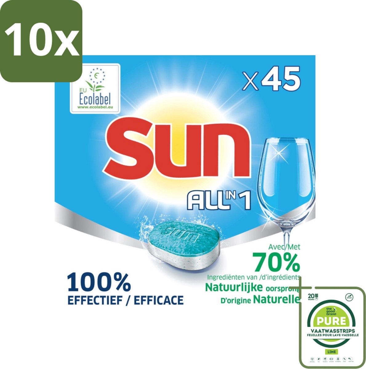 10 x Sun All-in One - Ecolabel - Vaatwastabletten - 45 Tabletten - Grootverpakking - Vaatwastabletten - Vaatwasser - Ecologische Vaatwas - Milieuvriendelijk - Biologische Vaatwastabletten