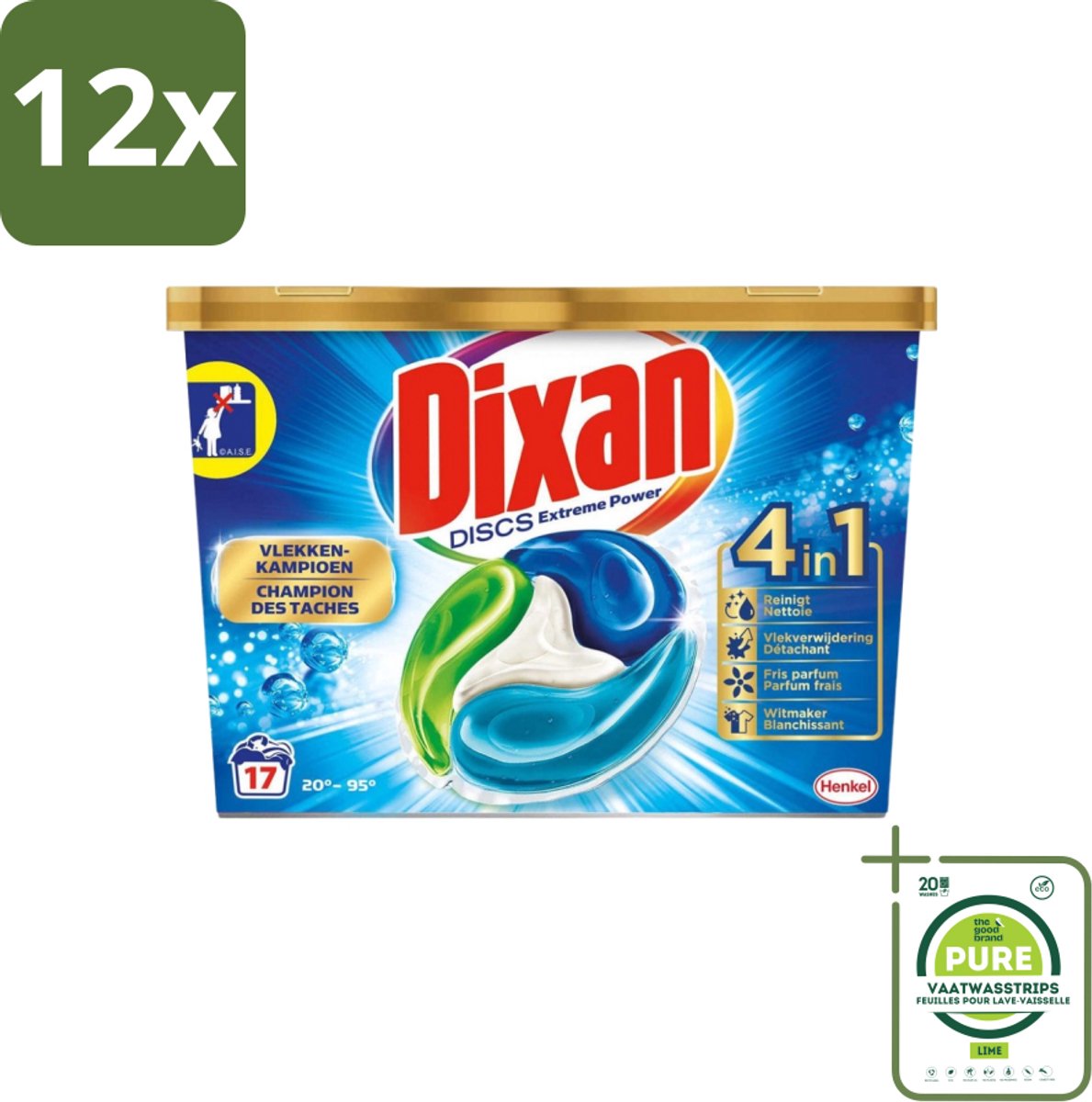 Dixan Discs - Wasmiddelcapsules en Vlekverwijderaar - Extreme Power - Witte, Gekleurde & Zwarte Was - 17 Wasbeurten - Voordeelverpakking - 12 stuks - Wasmiddelcapsules - Vlekkenverwijderaar
