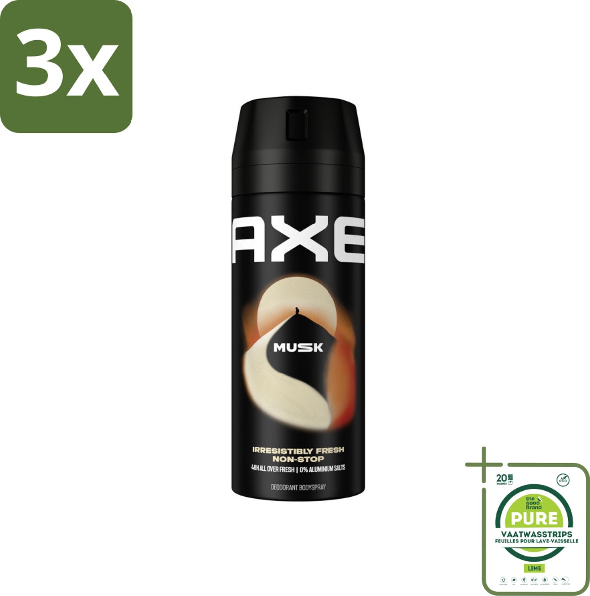 3 x Axe - Deodorant Bodyspray - 48hrs Fresh - Musk - Patchouli & Fougere - 150 ml - Grootverpakking - Deodorant - Mannelijke Geur - Musk - Patchouli - Fougere