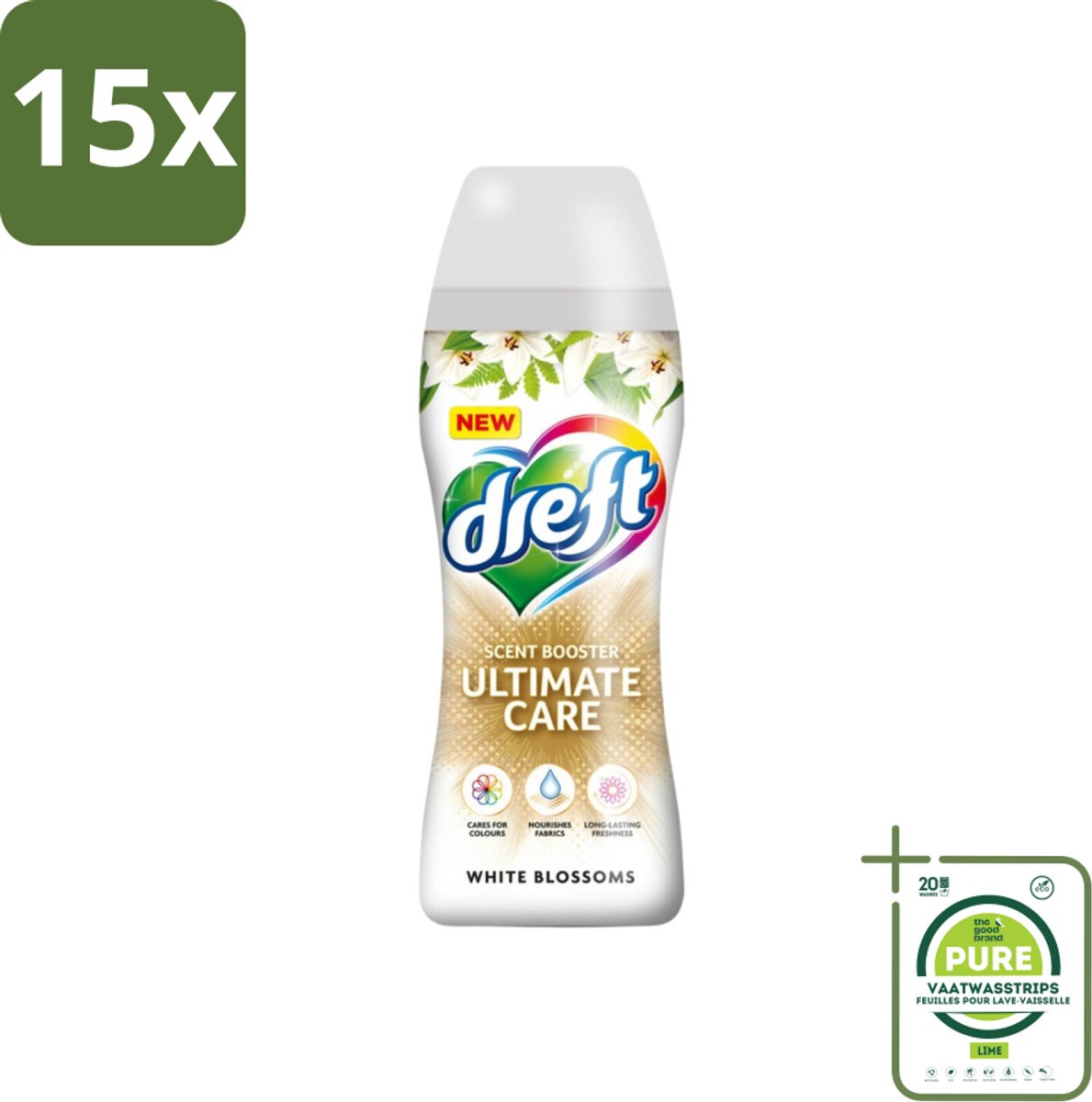 15 x Dreft - Ultimate Care - Wasverzachter - Geurbooster - Gekleurde Was - Witte Bloem - 15 Wasbeurten - Grootverpakking - Wasverzachter - Geur - Wasmiddel - Kleurbescherming - Wasverzorging