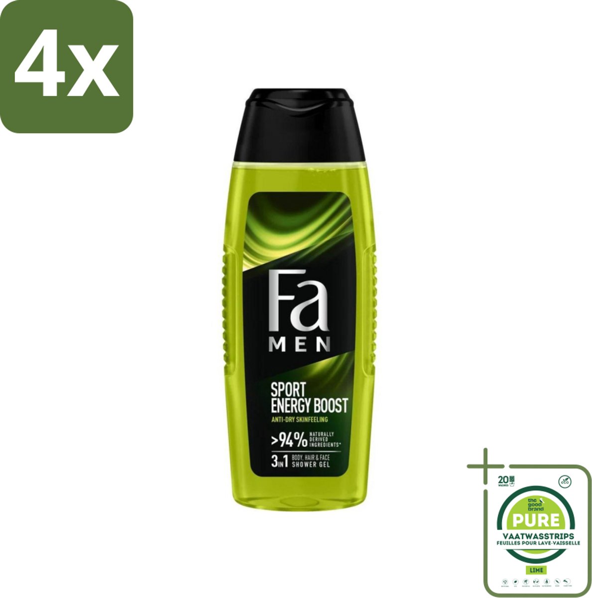 Fa Men - Sport Energy Boost - Doucemiddel - Voor Lichaam, Haar & Gezicht - 250 ml - Voordeelverpakking - 4 stuks - Sportdouche - Energieboost