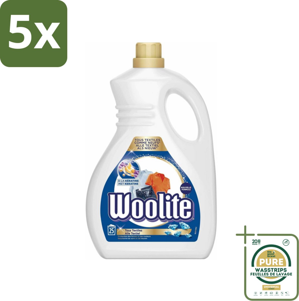 5 x Woolite - Wasmiddel - Vloeibaar Wasmiddel - Alle textiel - 25wb/1,5L - Grootverpakking - Keratine Wasmiddel - Textiel Verzorging - Pluisjes Verminderen - Vezel Beschermen - Wasmiddel Voor Alle Textiel