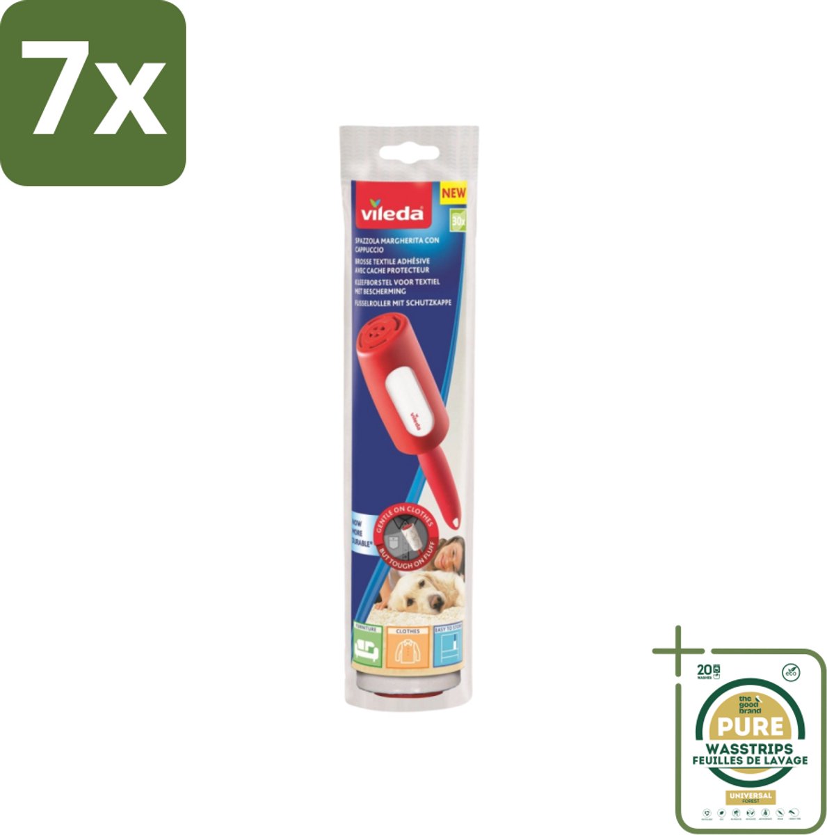 7 x Vileda - Lintroller - Pluisverwijderaar - Inclusief Beschermkap - 30 Vellen - Grootverpakking - Pluisverwijderaar - Pluisjes Verwijderen - Stofdeeltjes Verwijderen - Haren Verwijderen - Textiel Reinigen