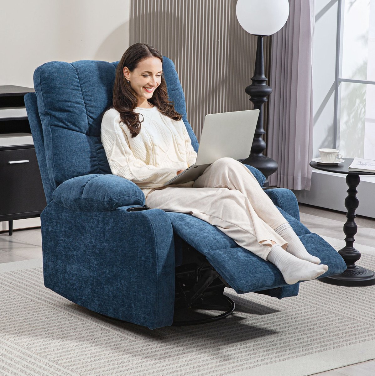 DESMIU Relaxfauteuil 88 x 96 x 108 cm - Handmatig Verstelbaar Met Draaien, Schommelen, Voetensteun En Bekerhouders - Voor Woonkamer - Stof Blauw