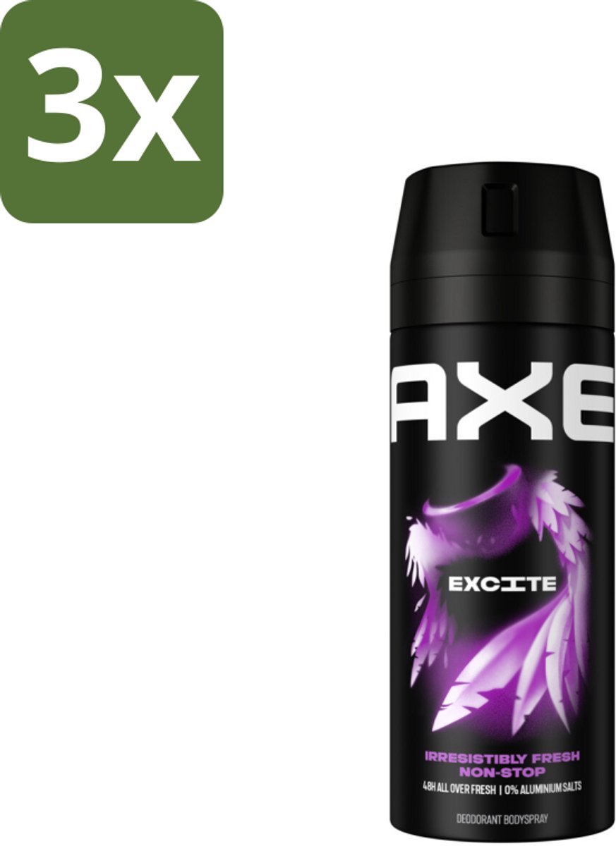 3 x Axe - Deodorant Bodyspray - 48hrs Fresh - Excite - Crisp Coconut & Black Pepper - 150 ml - Deodorant - Lichaamsgeur - Frisheid - Kokosnoot - Zwarte Peper
