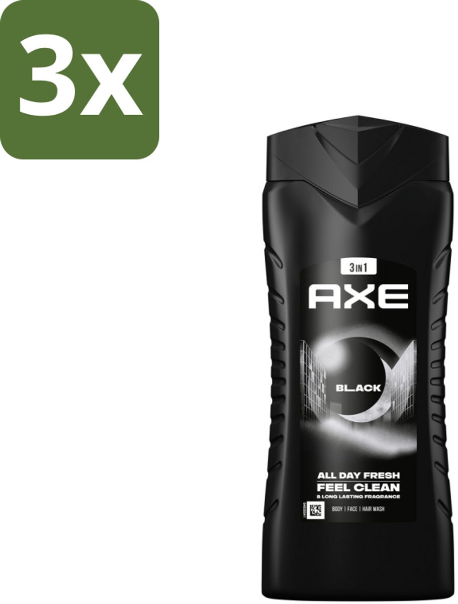 3 x Axe 3-in-1 Douchegel XL Black 400 ml - Douchegel - Lichaam - Gezicht - Haar - Frisheid