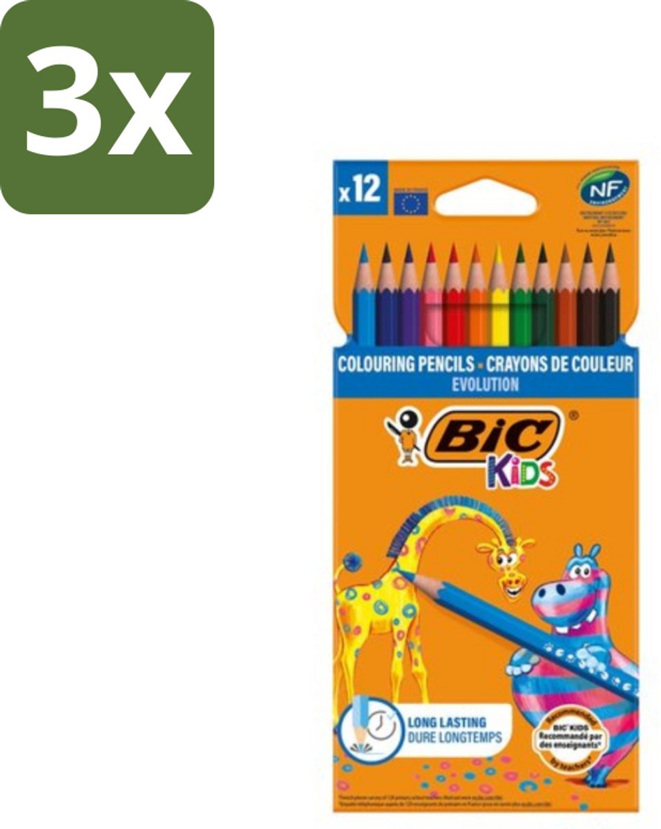 3 x Bic Kids - Kleurpotloden - Diverse Kleuren - Evolution - 12 Potloden - Kleurpotloden Voor Kinderen - Kleurpotloden Evolution - Kleurpotloden Voor Jonge Kunstenaars - Duurzaam Tekenen - Creatieve Potloden