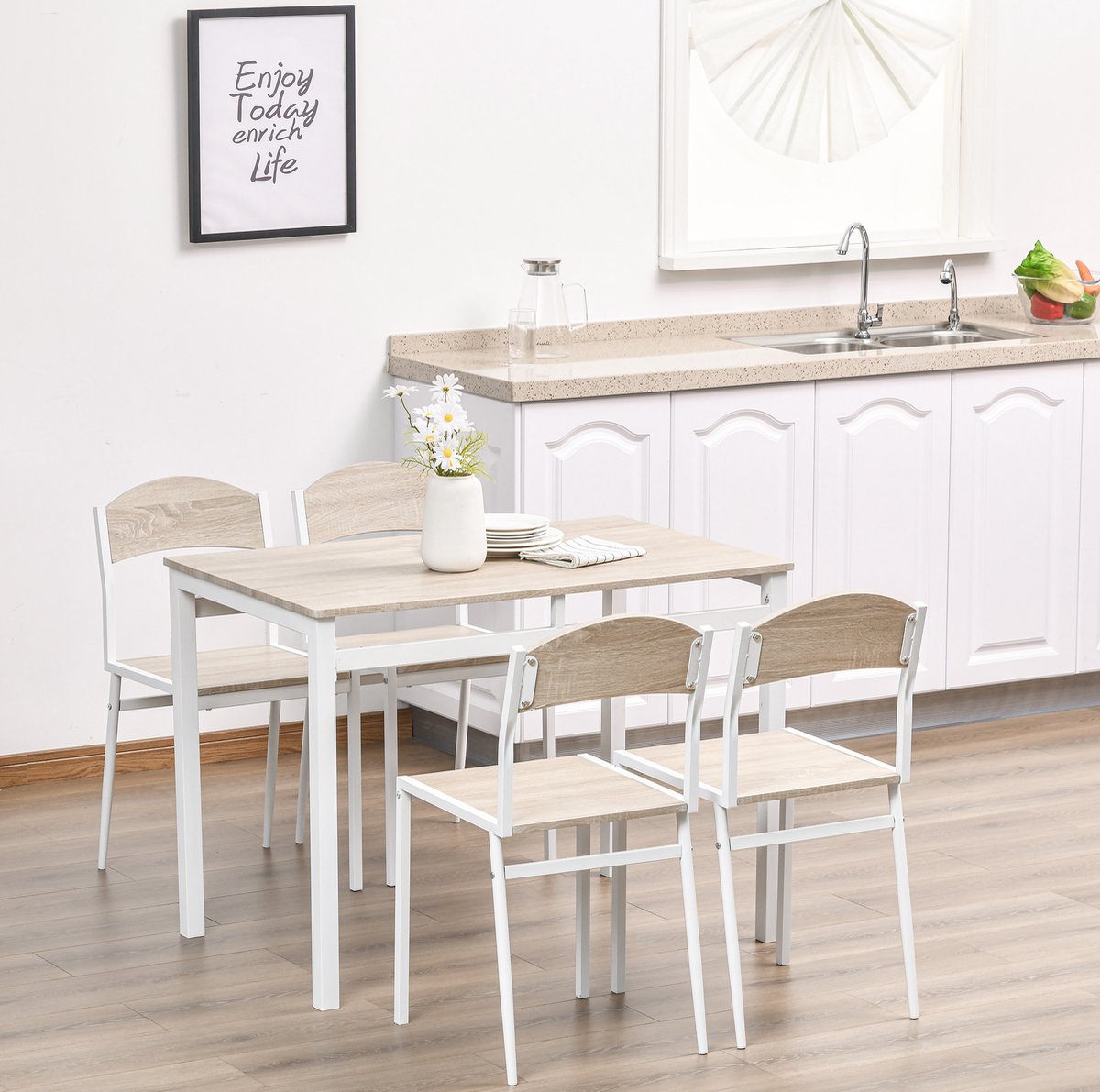 REDOM - Set tafel en stoelen - 1 tafel en 4 stoelen - Rechthoekige eettafel - Landelijke stijl - Keuken of ontbijthoek - MDF en metaal - Lichtgrijs - 100 x 63 x 76,5 cm
