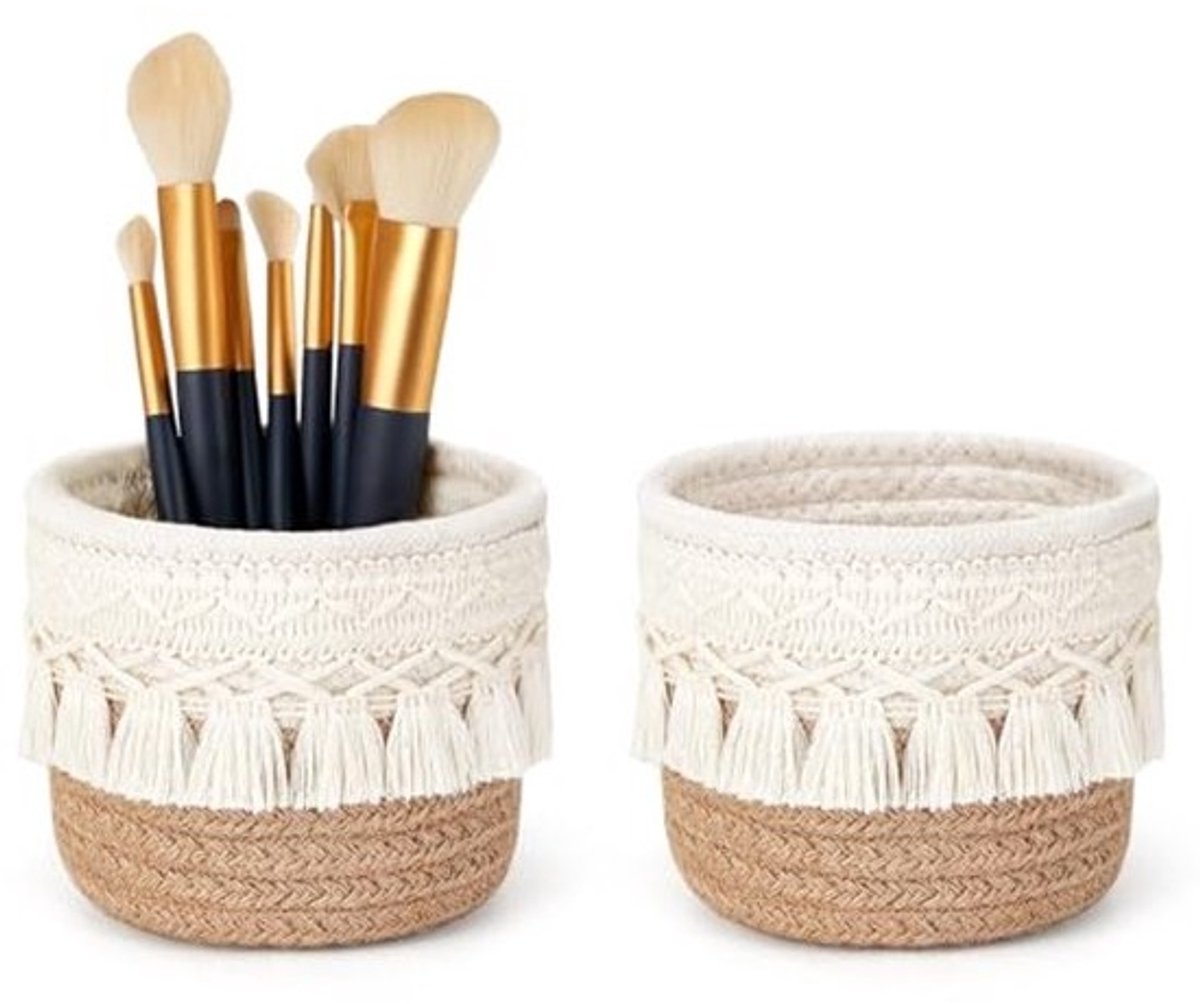Make-upborstelhouders en organizers - Boho decoratie voor pennen en potloden - Geel en wit - 2 stuks
