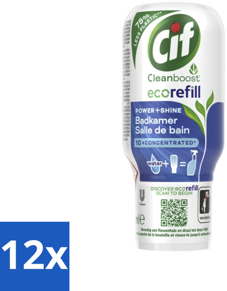 12 x Cif Eco Refill - Power & Shine - Badkamerreiniger - Spray - 70 ml - Badkamerreiniger - Ecologische Reiniging - Herbruikbare Verpakking - Plasticvrije Badkamer - Milieuvriendelijk